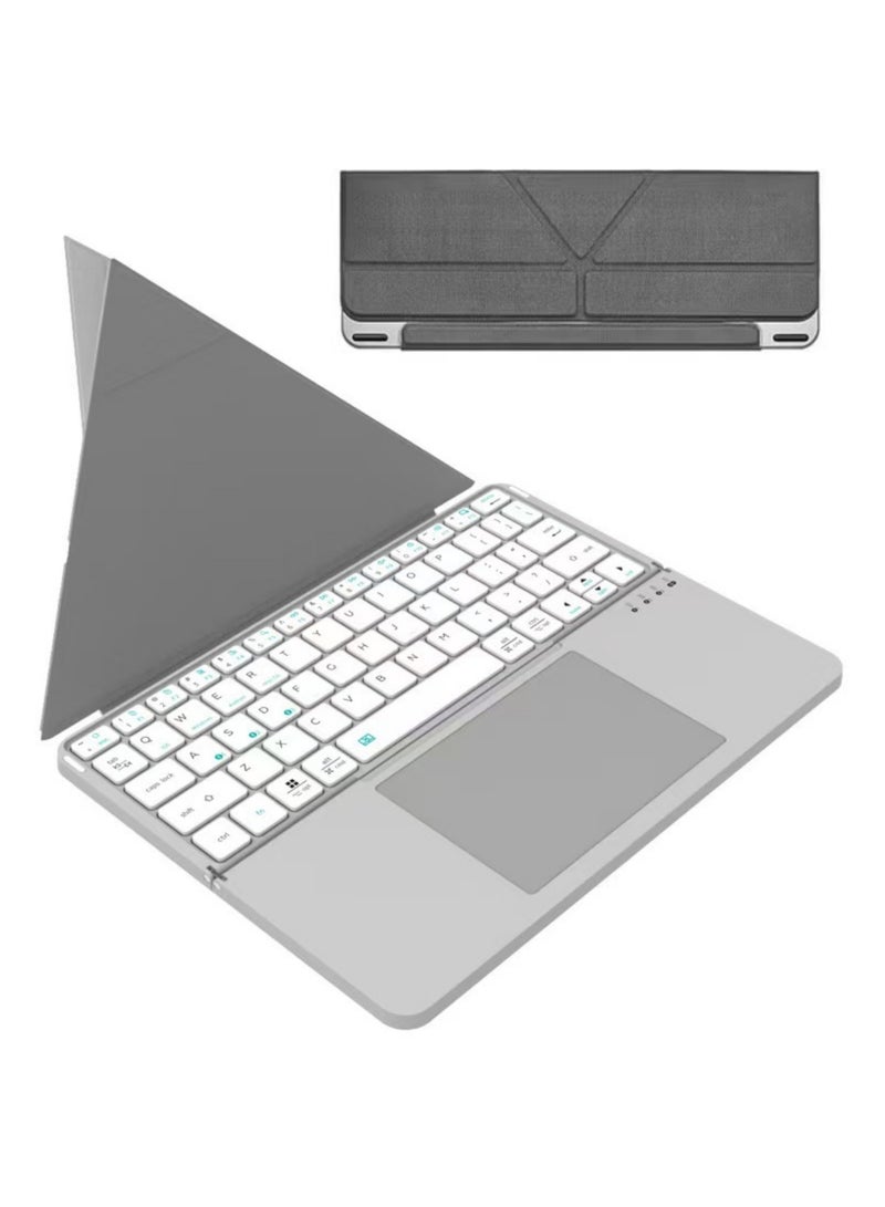 Rock Pow Bluetooth Tablet Keyboard for iPad/Tablet/Smartphone MicroPack Foldable Bluetooth Tablet Keyboard with Touchpad & Stand, PU Leather Cover, 500mAh Battery.Ultra-Thin Portable Keyboard Compatible with iPad Pro/Air/Mini/ Galaxy/Huawei/Honor/Xiaomi/Lenovo Tablets all model with Bluetooth - Silver - Image 1