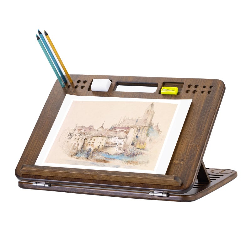 ستونغ تيك حامل لوحات من الخيزران 6 وضعيات 16x12 بوصة لوح رسم وقلم قابل للتعديل مع مقبض مدمج وتخزين خلفي مكتب فني محمول ومكتب حضن للرسم والقراءة وحامل كتب