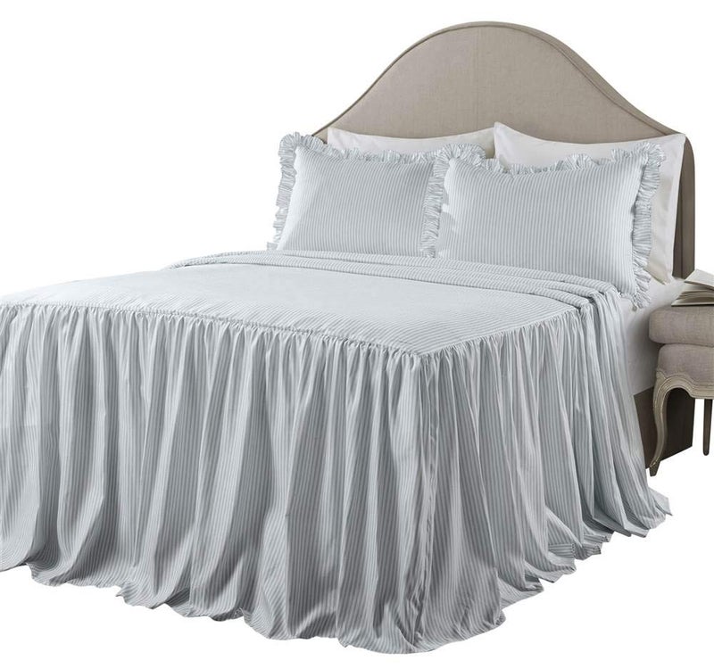 Lush Decor Lush Decor Lush Dcor Ticking Stripe Bedspread Lake Blue Vintage Chic Farmhouse Style Lightweight 3 Piece Set King 
