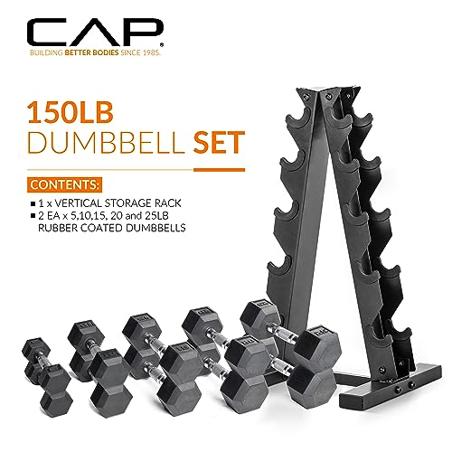 CAP Barbell 150 LB Coated Hex Dumbbell Weight Set with Vertical Rack, Blue, New Edition - Image 2