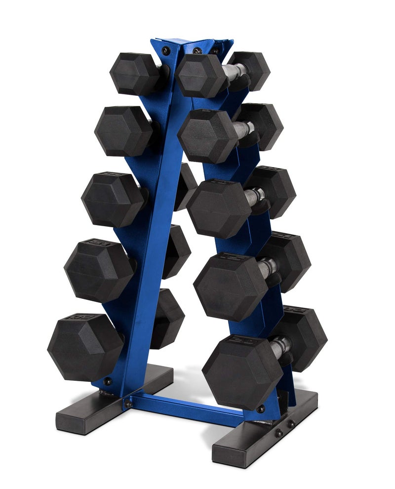 CAP Barbell 150 LB Coated Hex Dumbbell Weight Set with Vertical Rack, Blue, New Edition - Image 1