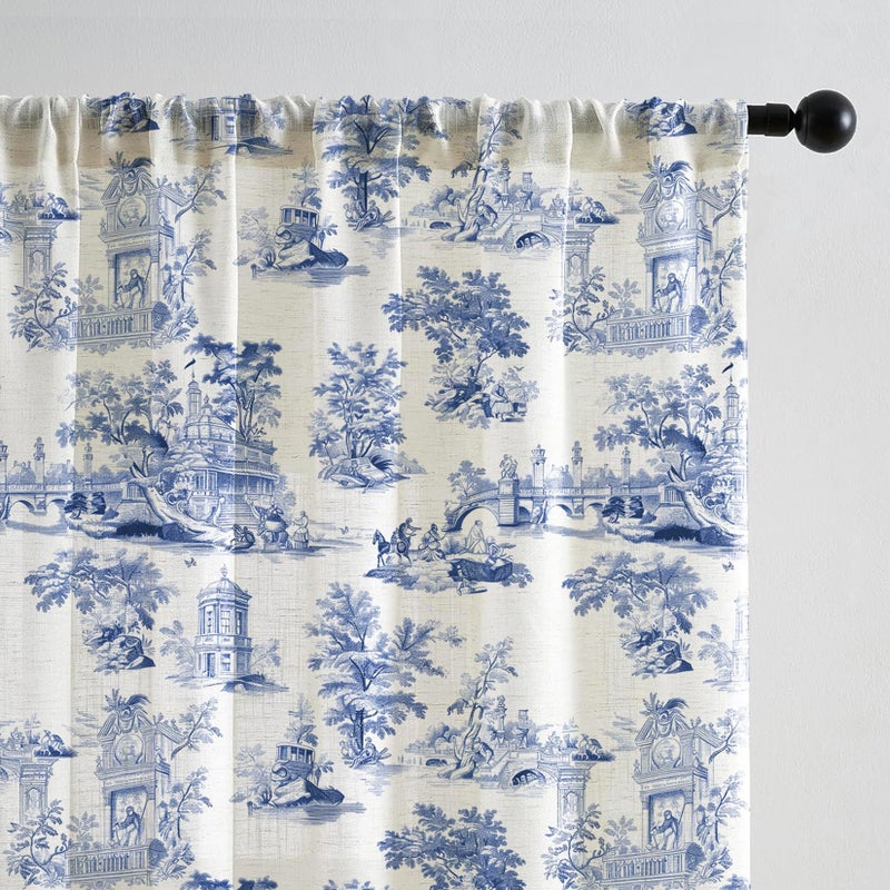 LOVOUS Vintage Blue toile Curtains 84 Inch Length Linen Toile de Jouy Light Filtering French Country Window Curtain for Living Room Bedroom Rod Pocket Victorian Window Treatments Drapes,2 Panels Set,Q2 - Image 2
