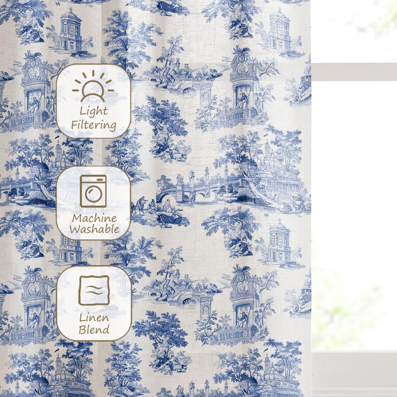 LOVOUS Vintage Blue toile Curtains 84 Inch Length Linen Toile de Jouy Light Filtering French Country Window Curtain for Living Room Bedroom Rod Pocket Victorian Window Treatments Drapes,2 Panels Set,Q2 - Image 5