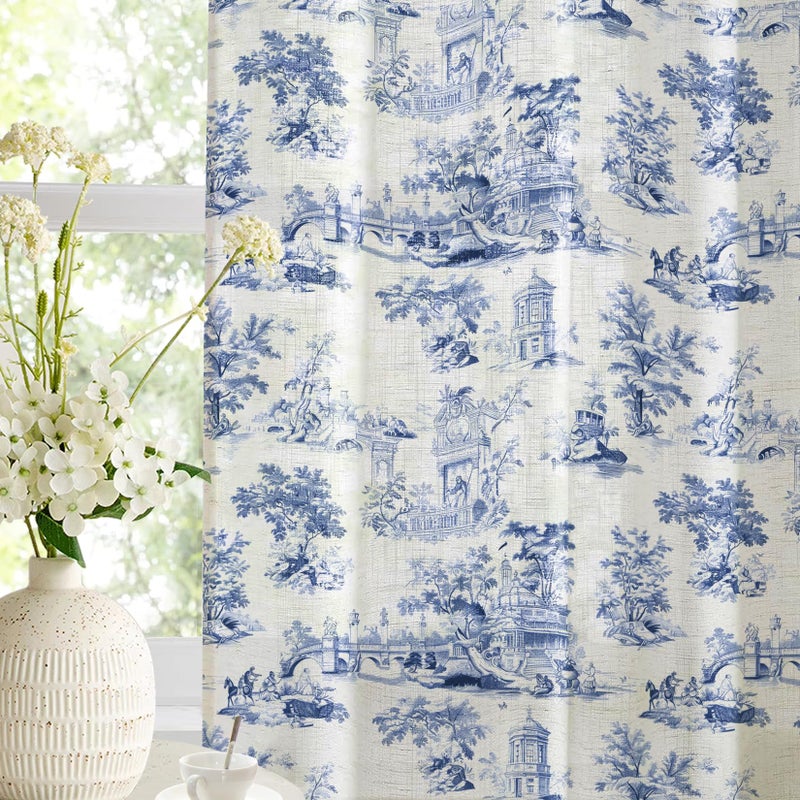 LOVOUS Vintage Blue toile Curtains 84 Inch Length Linen Toile de Jouy Light Filtering French Country Window Curtain for Living Room Bedroom Rod Pocket Victorian Window Treatments Drapes,2 Panels Set,Q2 - Image 4