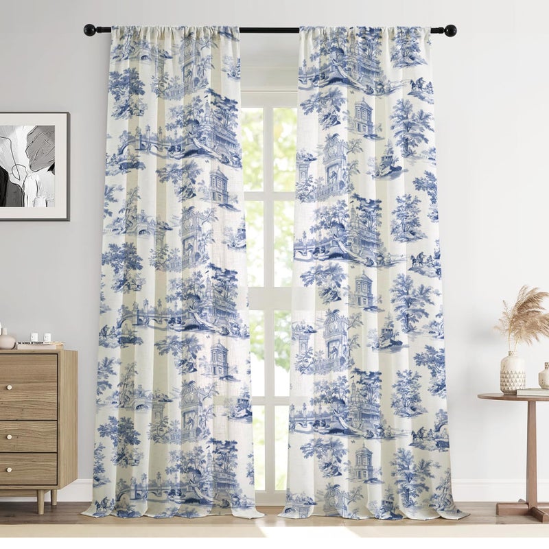 LOVOUS Vintage Blue toile Curtains 84 Inch Length Linen Toile de Jouy Light Filtering French Country Window Curtain for Living Room Bedroom Rod Pocket Victorian Window Treatments Drapes,2 Panels Set,Q2 - Image 1