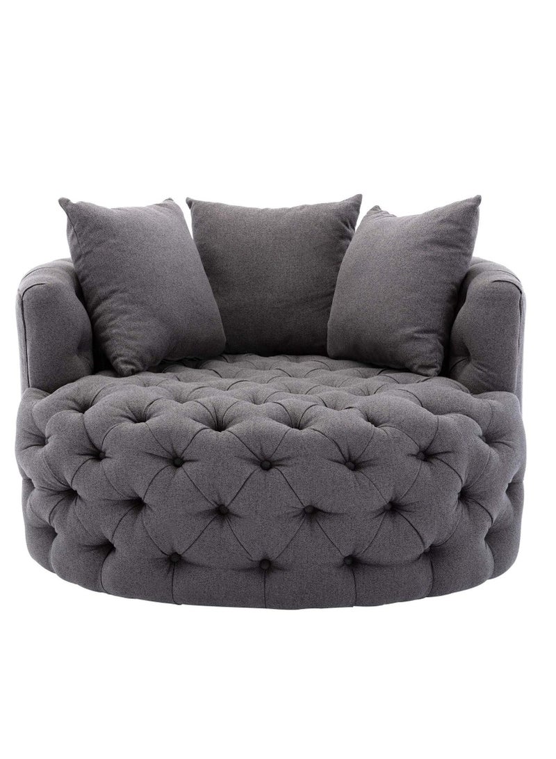 وودن تويست أريكة مستديرة حديثة بتصميم معنقدة على شكل زر برميل لغرفة المعيشة مع 3 وسائد (رمادي) - Image 1