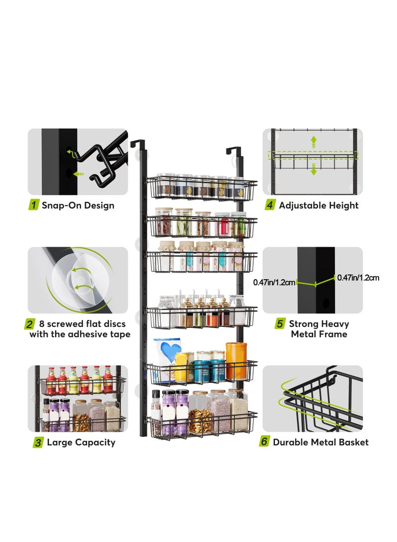 رف عتادة بالفولاذ الكربوني 6 طبقات منظم خلف الباب – ارتفاع قابل للتعديل سلع قابلة للفصل | رف مطبخ للتخزين ومعلق حمام | رف توابل مطبخ خلف الباب منظم علب للمنزل والمطبخ والغسالة والحمام – لون أسود - Image 4