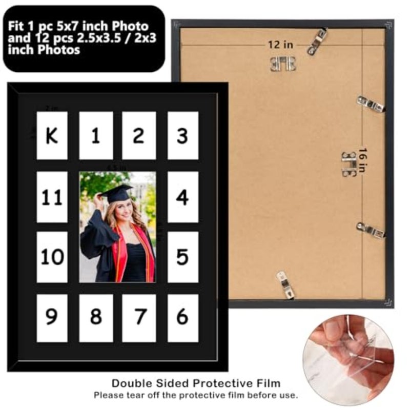 12x16 School Years Picture Frame K-12, Display One 5x7 Photo and Twelve 2.5x3.5 Pictures, Graduation Photo Collage Black Frame with Mat and Plexiglass for Wall hanging, Black Mat, Black - Image 2