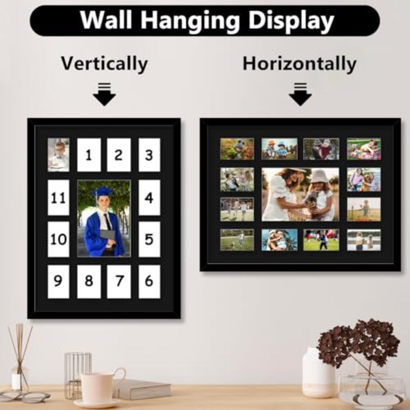 12x16 School Years Picture Frame K-12, Display One 5x7 Photo and Twelve 2.5x3.5 Pictures, Graduation Photo Collage Black Frame with Mat and Plexiglass for Wall hanging, Black Mat, Black - Image 3