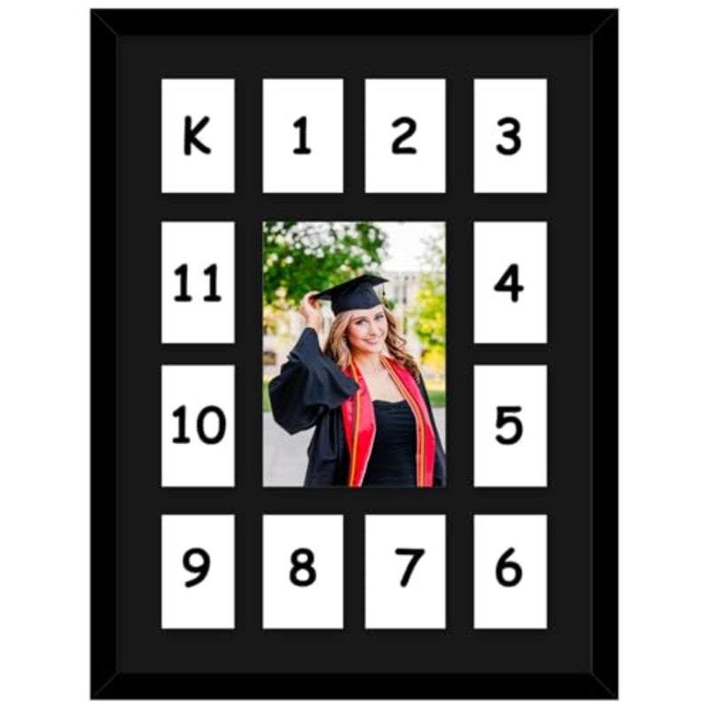 12x16 School Years Picture Frame K-12, Display One 5x7 Photo and Twelve 2.5x3.5 Pictures, Graduation Photo Collage Black Frame with Mat and Plexiglass for Wall hanging, Black Mat, Black - Image 1