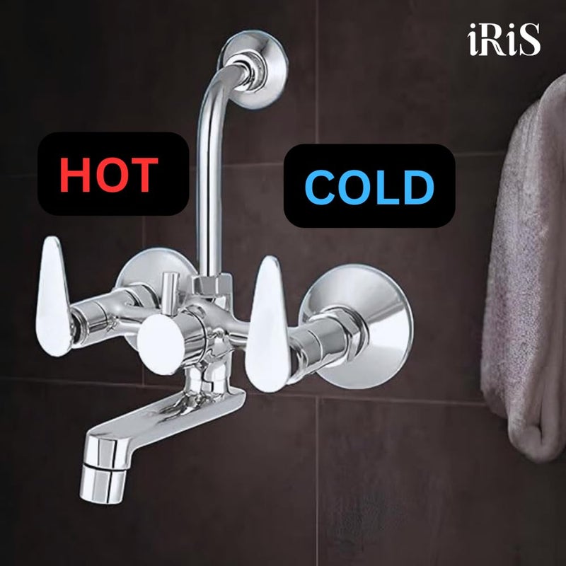 IRIS 2-in-1 Brass Wall Mixer Tap with Overhead Shower Provision | Visible Hot & Cold Indicators | 125mm Long Bend Pipe | Chrome Finish Bathroom Faucet - Image 4