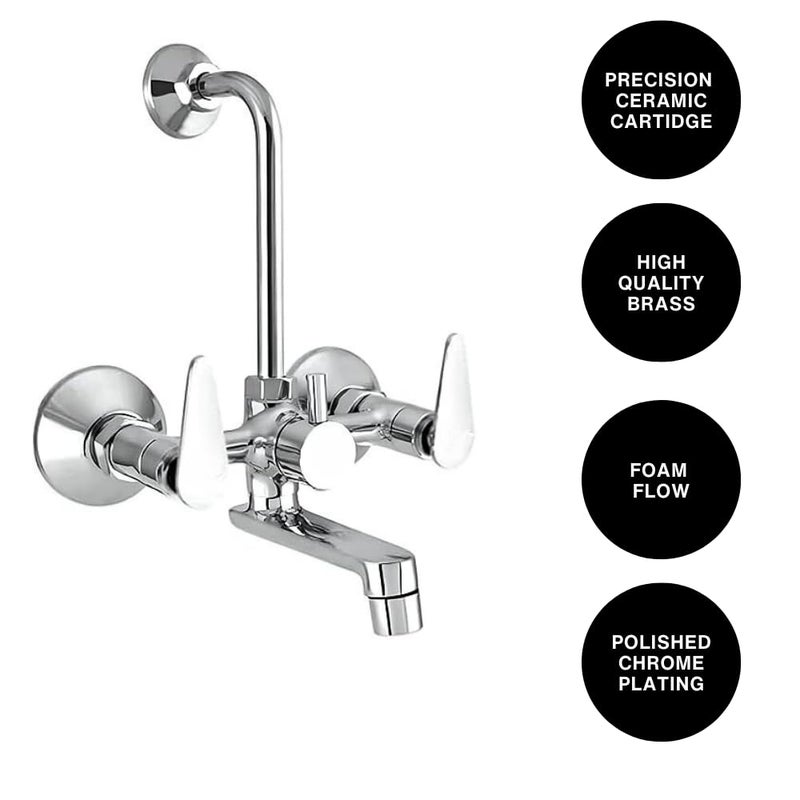 IRIS 2-in-1 Brass Wall Mixer Tap with Overhead Shower Provision | Visible Hot & Cold Indicators | 125mm Long Bend Pipe | Chrome Finish Bathroom Faucet - Image 2