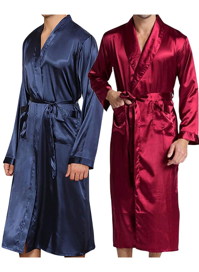 MARGOUN 2 Pack Men's Small Size Dressing Gown Kimono Robe Lightweight Silk Long Sleeved Home Sleepwear Loungewear /(Length 44''/Chest 22'') - Image 3