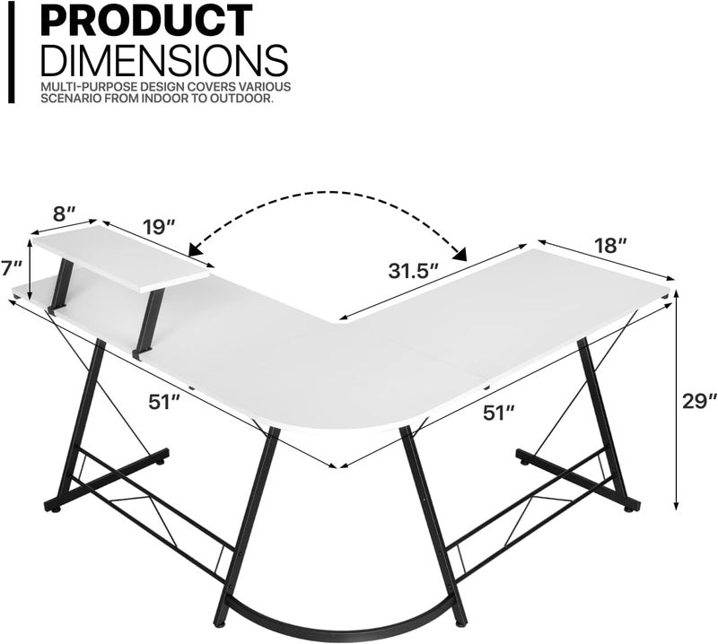 SKY-TOUCH L-Shaped Computer Desk｜Gaming Desk｜Pc Workstation｜Home Office Desk｜Corner Desk Study Desk With Removable Monitor Stand For Home Office Study Writing Workstation,129*46*71Cm,White - Image 3