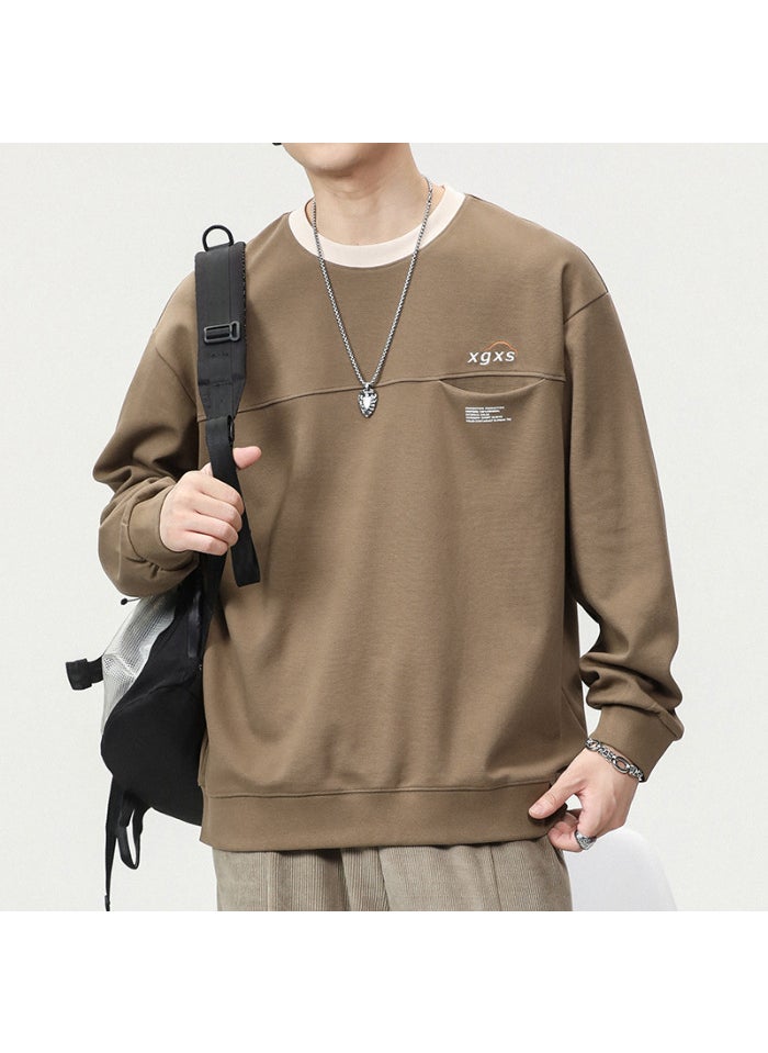 Generic Autumn/Winter New Heavy Duty Japanese Vintage Mens Sweatshirt Loose Fit Plus Size Trendy Brand Versatile Pullover Round Neck Ca Brown 