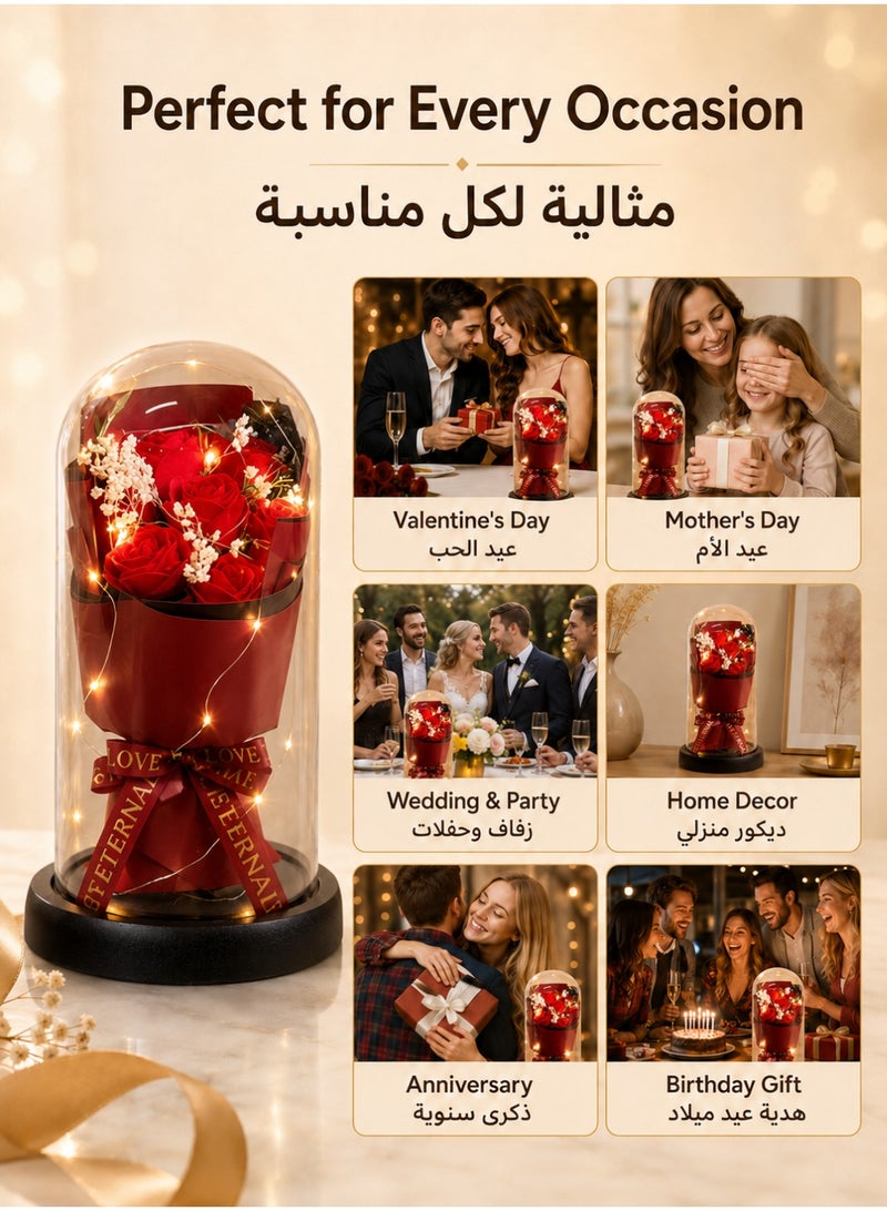 ARNOTEC صندوق هدايا الورد الأبدي – غطاء زجاجي مزخرف بإضاءة LED | هدية رومانسية ليوم عيد الحب، عيد الميلاد، عيد الأم | باقة حمراء من الزينة الإبداعية - Image 4