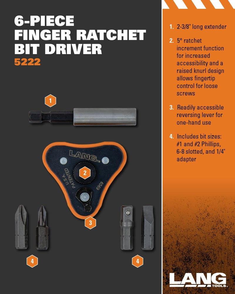 Lang Tools 5222 6-Piece Finger Ratchet Bit Driver , Black - Image 2