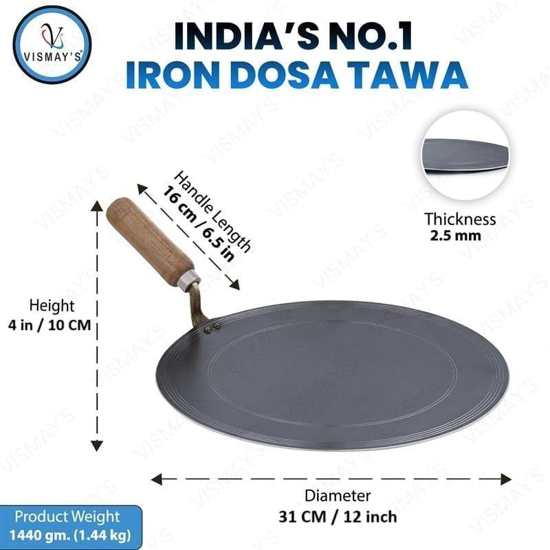 VISMAY'S 12 Inch Food Grade Pure Iron Dosa Tawa Lohe ka Tava Multipurpose Chapati Utappam Thawa Smooth Edge Metal Spoon Friendly Strong Wooden Handle Gas Compatible - Image 3
