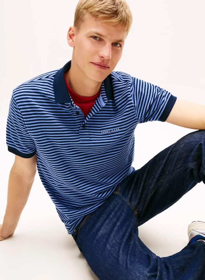 TOMMY JEANS Light Horizon Blue Stripe Linear Logo Pique Polo Shirt for Men | Best Price UAE