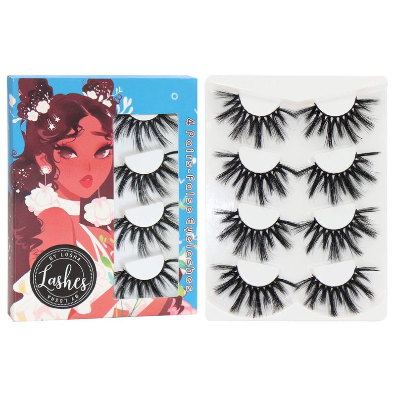 Losha 25mm Lashes 3D Faux Mink Lashes Fluffy Volume Eyelashes Thick Crossed Luxurious Soft Wispy Lashes Pack 4 Pairs Dramatic Eye Makeup 45A