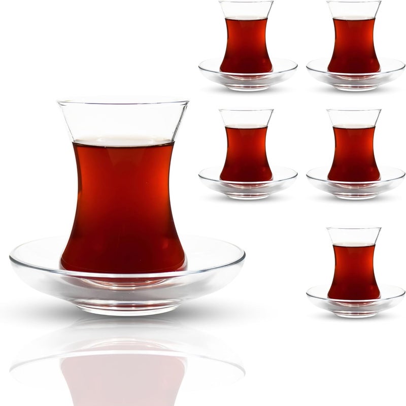 UMS Turkish Tea Glass Set - Slim Waist Design and Thick Sole Prevent the Tea From Getting Cold, 6 Saucers 6 Glasses, Coffee Glasses, Useful Tea Set, Set of 12 - Image 5
