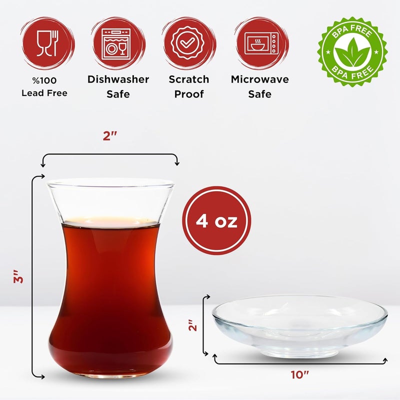 UMS Turkish Tea Glass Set - Slim Waist Design and Thick Sole Prevent the Tea From Getting Cold, 6 Saucers 6 Glasses, Coffee Glasses, Useful Tea Set, Set of 12 - Image 2