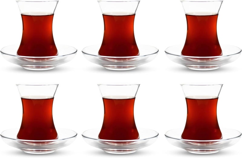 UMS Turkish Tea Glass Set - Slim Waist Design and Thick Sole Prevent the Tea From Getting Cold, 6 Saucers 6 Glasses, Coffee Glasses, Useful Tea Set, Set of 12 - Image 1