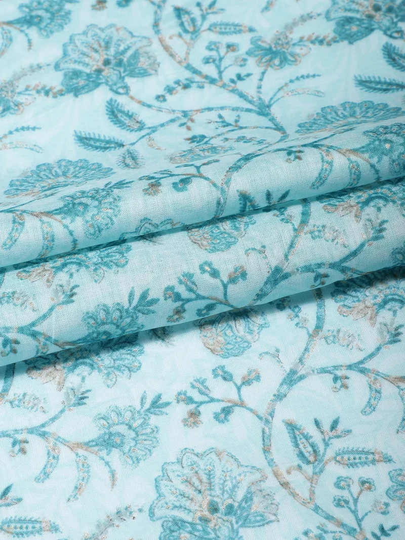 أيه كيه إس Sky Blue Floral Cotton Fabric, One Meter