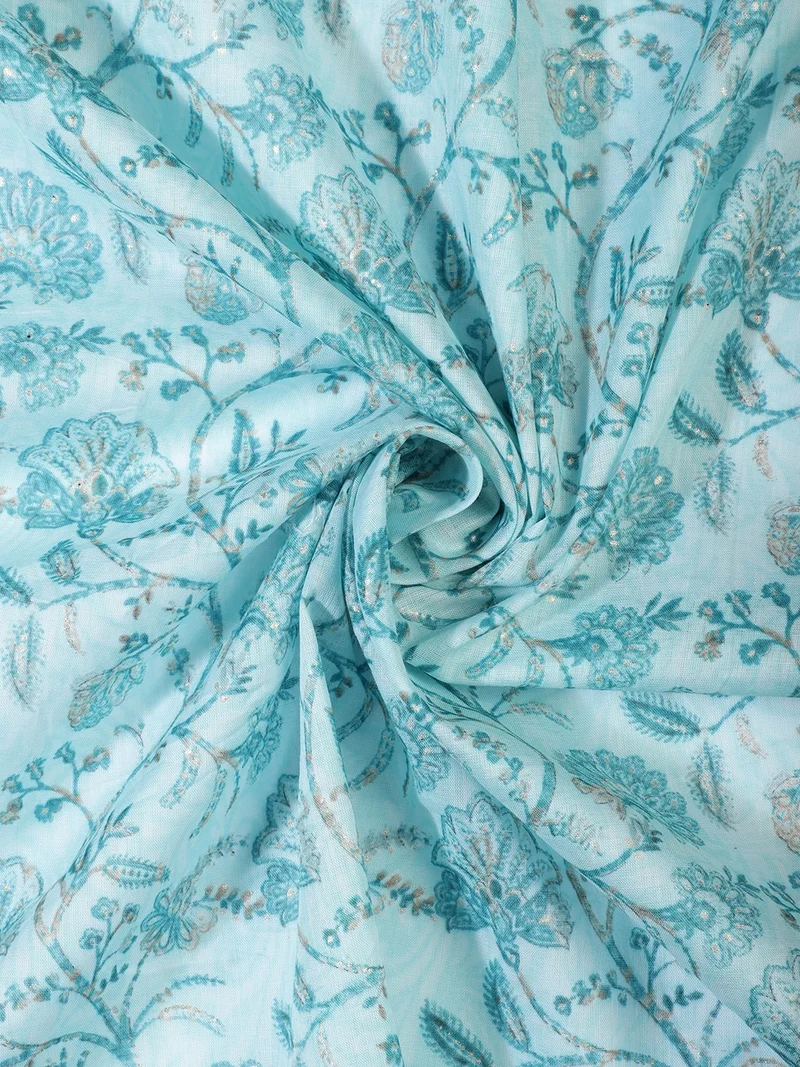 أيه كيه إس Sky Blue Floral Cotton Fabric, One Meter