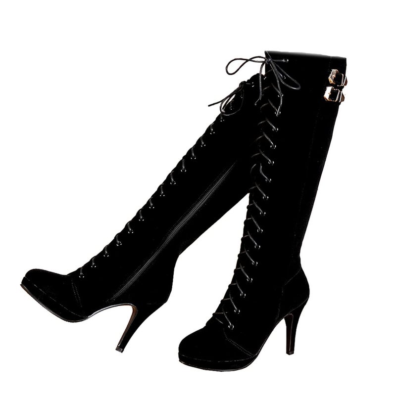 getmorebeauty Womens Suede Buckle Rock Lace Up Zipped Knee High Boots High Heel Boots (US 7, Black) - Image 1