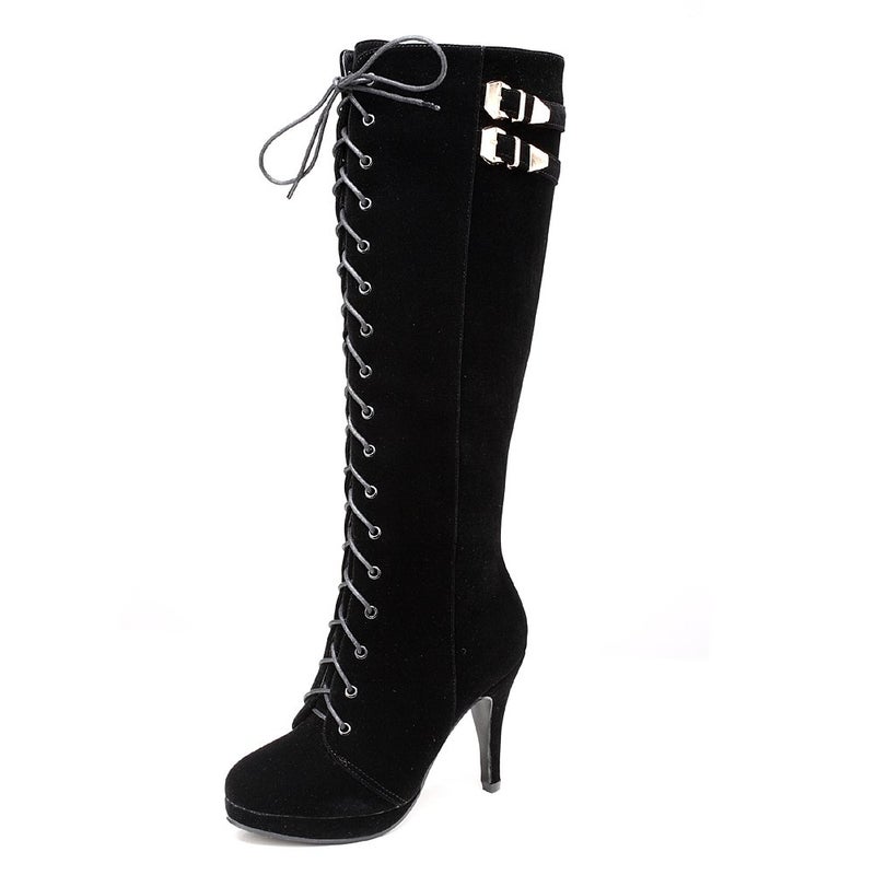 getmorebeauty Womens Suede Buckle Rock Lace Up Zipped Knee High Boots High Heel Boots (US 7, Black) - Image 4