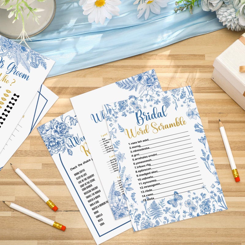 Teling 145 Pieces Bridal Shower Game Bridal Shower Favors Set Wedding Games Cards and Pencils for Bride Groom Bachelorette Party Wedding Party Favor(Blue Floral Style) - Image 4