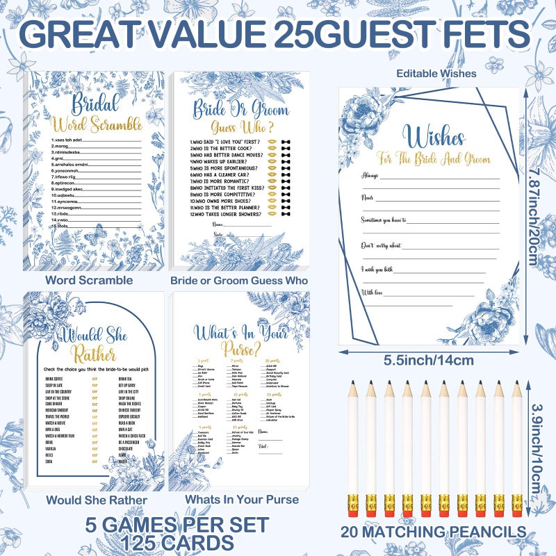Teling 145 Pieces Bridal Shower Game Bridal Shower Favors Set Wedding Games Cards and Pencils for Bride Groom Bachelorette Party Wedding Party Favor(Blue Floral Style) - Image 2