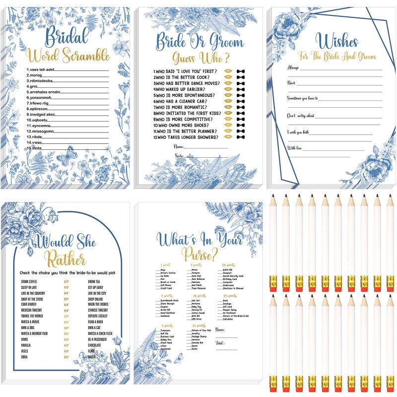 Teling 145 Pieces Bridal Shower Game Bridal Shower Favors Set Wedding Games Cards and Pencils for Bride Groom Bachelorette Party Wedding Party Favor(Blue Floral Style) - Image 1