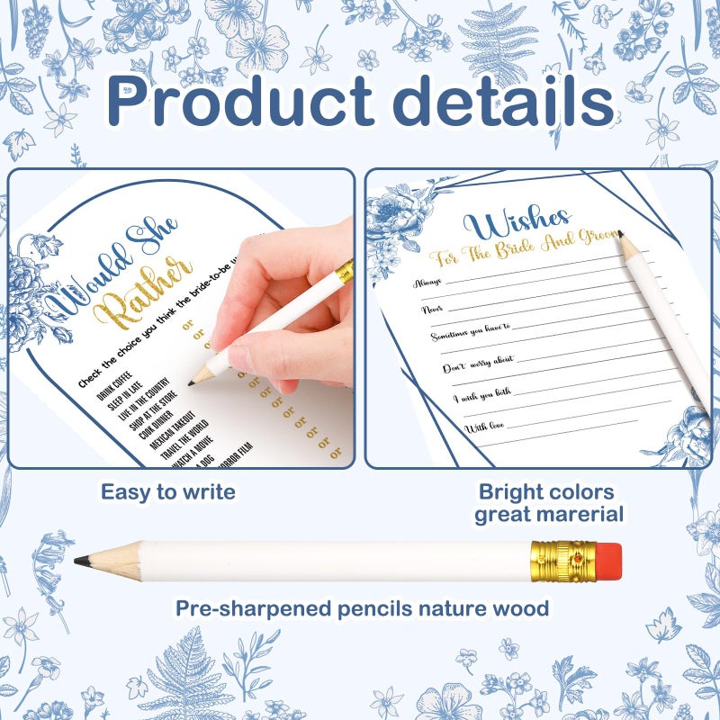Teling 145 Pieces Bridal Shower Game Bridal Shower Favors Set Wedding Games Cards and Pencils for Bride Groom Bachelorette Party Wedding Party Favor(Blue Floral Style) - Image 3