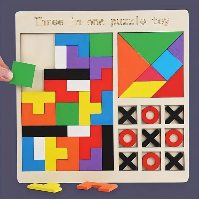 AMENDAS Three in One Puzzle Toy for Kids | Wooden Children's Educational Colorful Square Tangram Game | Chess Xo Tic-Tac-Toe Nine-Square Three-in-One Puzzle Game Building Blocks - Image 1