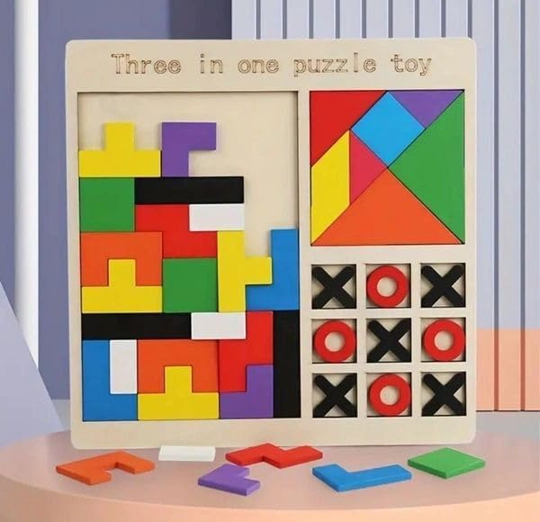AMENDAS Three in One Puzzle Toy for Kids | Wooden Children's Educational Colorful Square Tangram Game | Chess Xo Tic-Tac-Toe Nine-Square Three-in-One Puzzle Game Building Blocks - Image 3