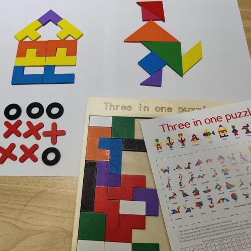 AMENDAS Three in One Puzzle Toy for Kids | Wooden Children's Educational Colorful Square Tangram Game | Chess Xo Tic-Tac-Toe Nine-Square Three-in-One Puzzle Game Building Blocks - Image 4