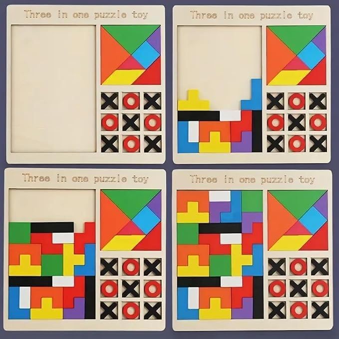 AMENDAS Three in One Puzzle Toy for Kids | Wooden Children's Educational Colorful Square Tangram Game | Chess Xo Tic-Tac-Toe Nine-Square Three-in-One Puzzle Game Building Blocks - Image 5