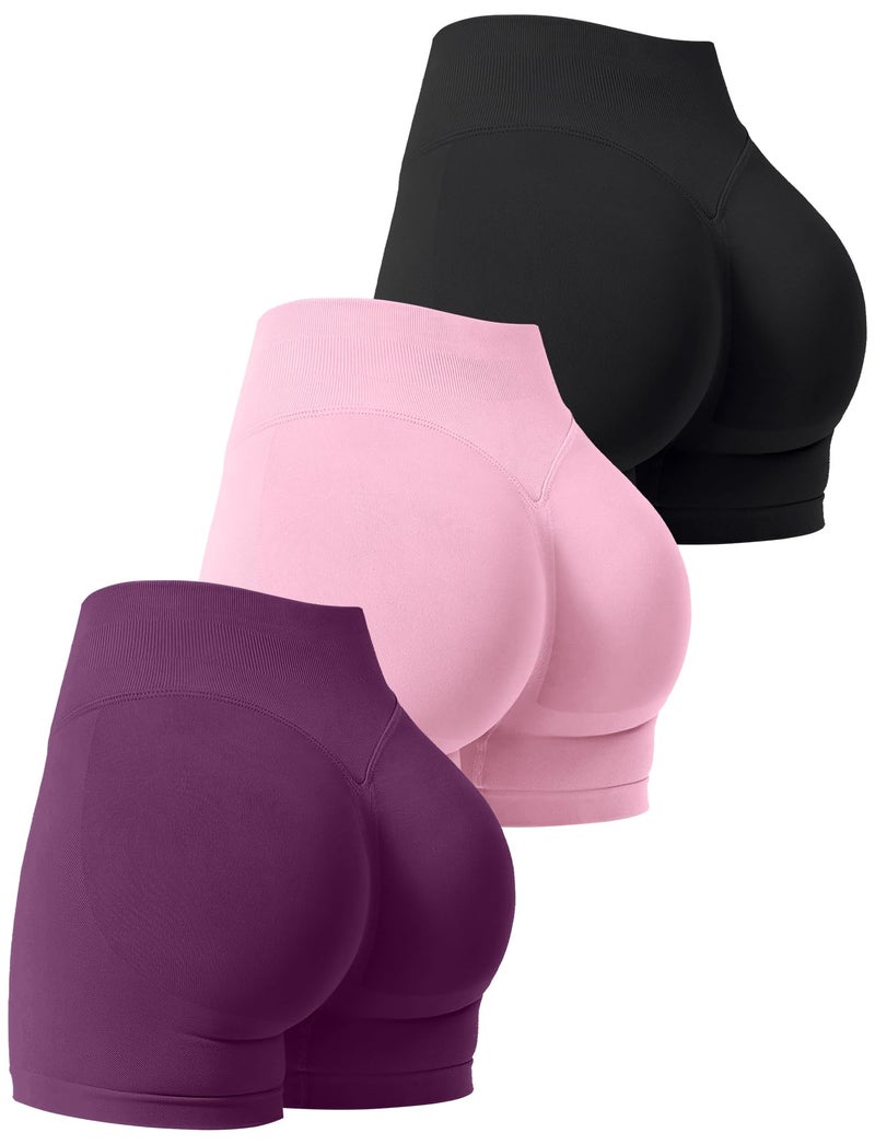 Niipty 3 Pack Workout Gym Shorts Women Scrunch Butt Lifting Seamless High Waist Yoga Booty Shorts for Women - Black+Pink+Dark Purple M - Image 1