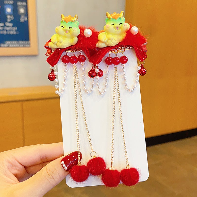 Generic Kids Chinese New Year Dragon Tassel Hair Clips Fu Lu long Bao