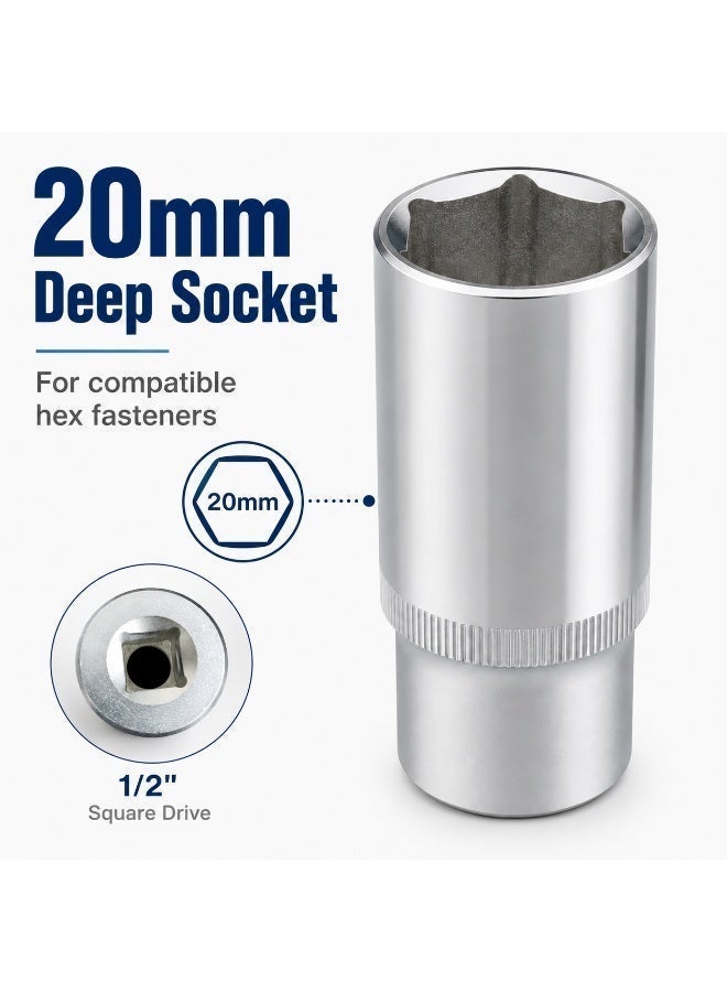20mm Deep Socket Wrench, 1/2 Inch Square Drive, 6 Point Chrome Vanadium Steel Socket for Ratchet, Breaker Bar, Automotive Repair and Workshop Use - Image 3