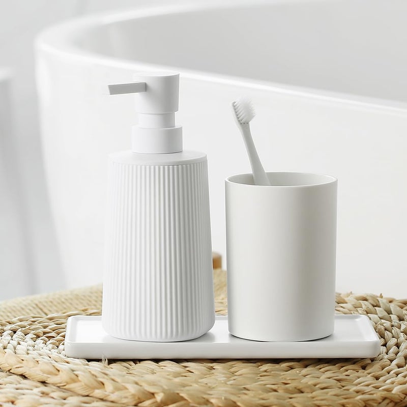 YAUKPH Small Soap Dispenser for Bathroom and Kitchen, Modern Farmhouse Striped Style Plastic Hand Soap Dish Soap Dispenser with Pump Matte White - Image 2