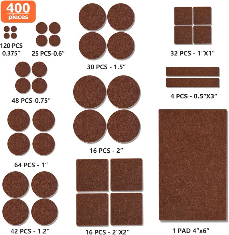 FURNIMATE Felt Furniture Pads 400 Pieces, Furniture Pads for Hardwood Floors, Floor Protectors for Furniture Legs, Felt Pads for Furniture, Many Large Sizes Brown - Image 3