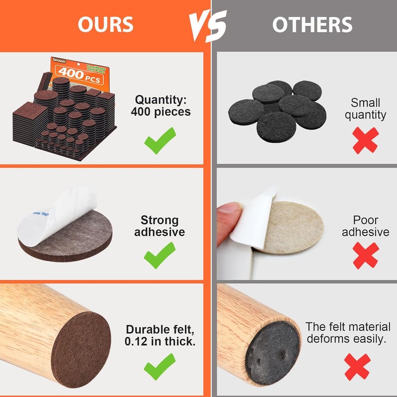 FURNIMATE Felt Furniture Pads 400 Pieces, Furniture Pads for Hardwood Floors, Floor Protectors for Furniture Legs, Felt Pads for Furniture, Many Large Sizes Brown - Image 2