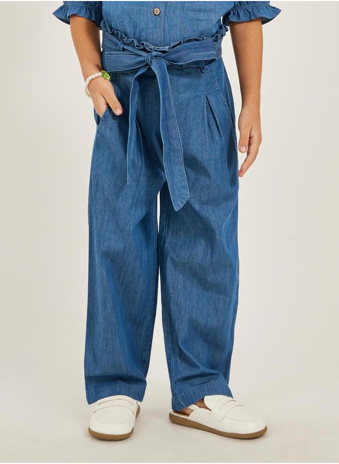 Styli Solid Denim Culotte Pants with Tie-Up Detail  - Image 1