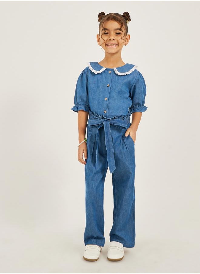 Styli Solid Denim Culotte Pants with Tie-Up Detail  - Image 2
