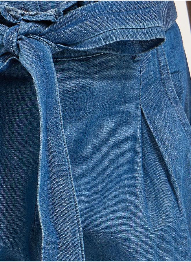 Styli Solid Denim Culotte Pants with Tie-Up Detail  - Image 3