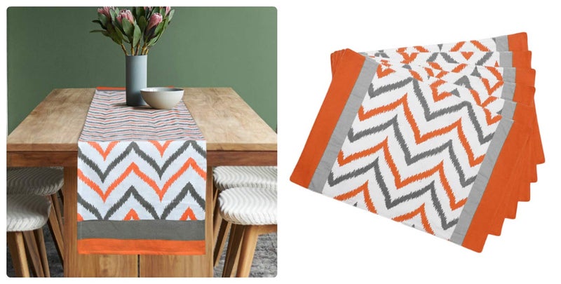 Dekor World Chevron Printed Orange Cotton Table Runner with 4 Pcs Place Mat (33x120cm/33x47cm) (Pack of 5 Piece)-4 Seater Dinning & Center Table - Image 4