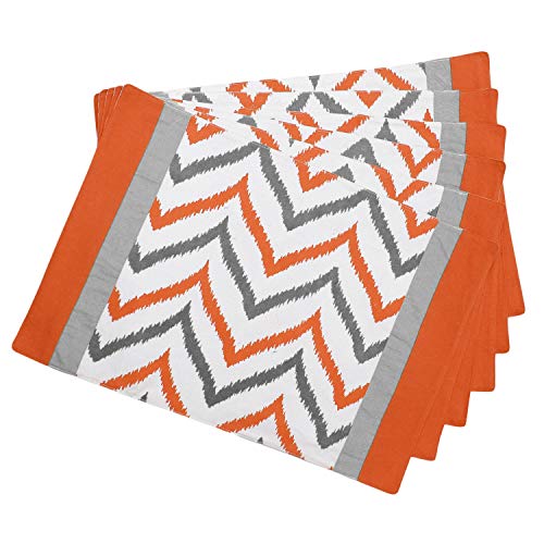 Dekor World Chevron Printed Orange Cotton Table Runner with 4 Pcs Place Mat (33x120cm/33x47cm) (Pack of 5 Piece)-4 Seater Dinning & Center Table - Image 2
